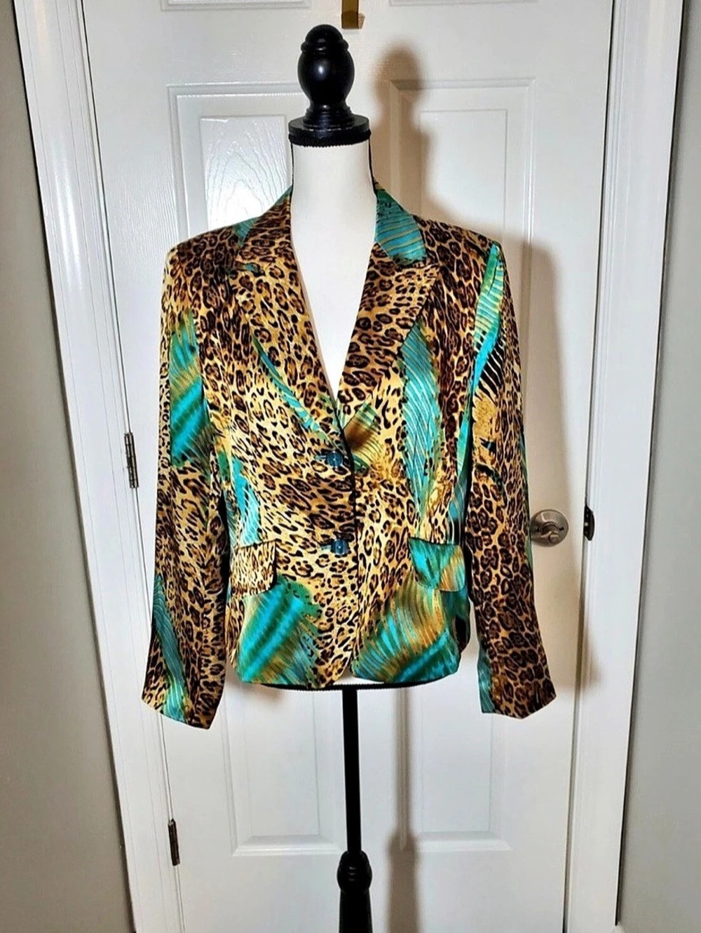 VINTAGE Russell Kemp Silk Leopard & Turquoise Stripe Blazer